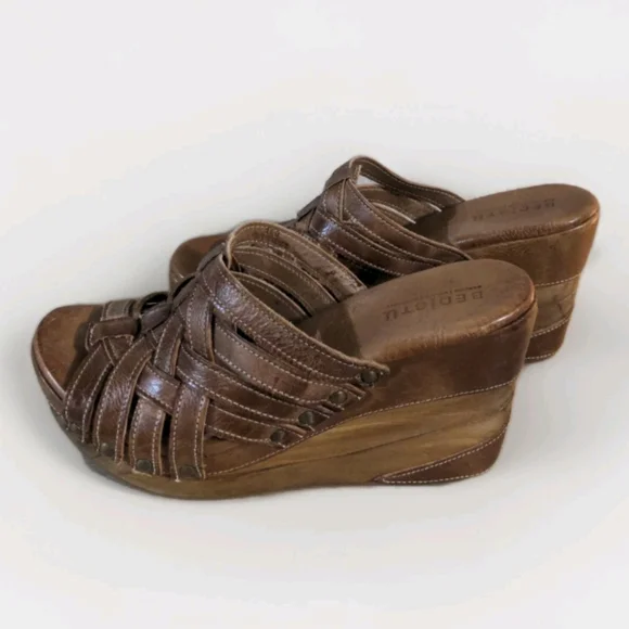 SOLD Bed Stu Gina Tan Rustic Genuine Leather Slides Heels Sandals Platforms 11 - Picture 2 of 9
